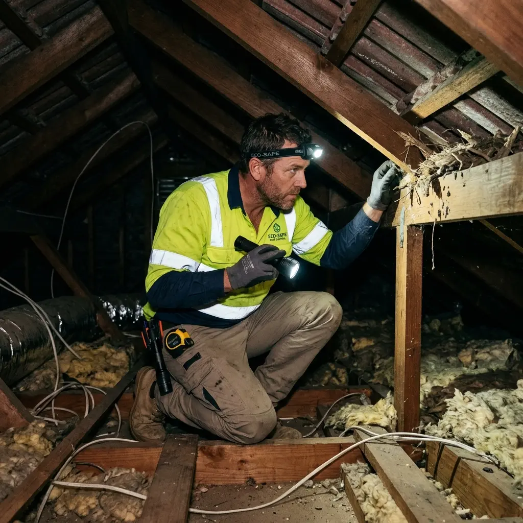 Technician inspecting a Jan Juc subfloor void for a deceased cat